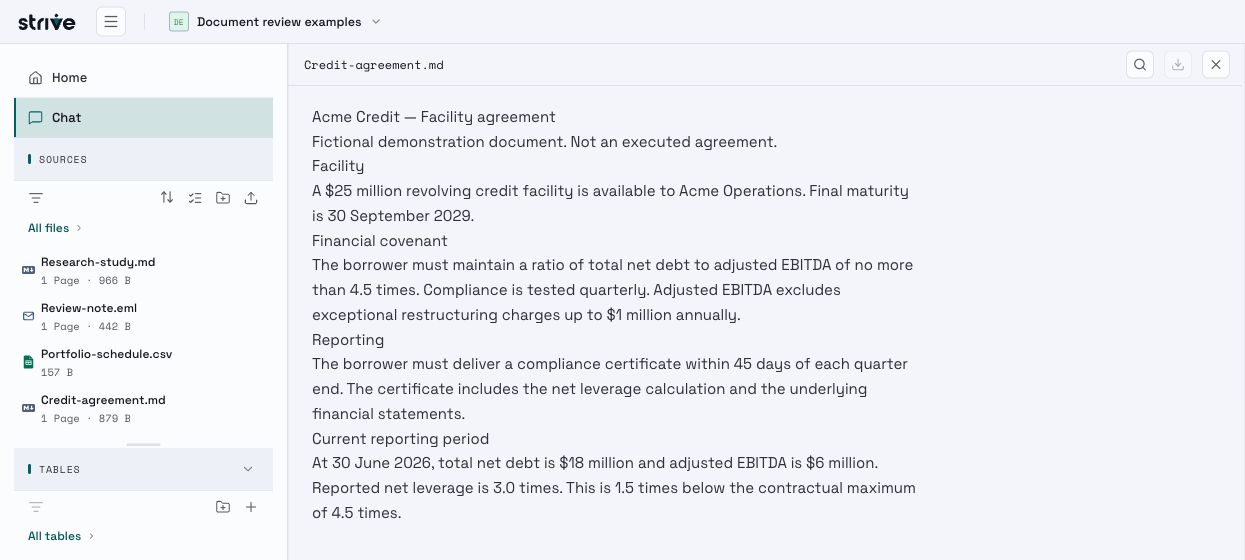 Actual Strive workspace showing mixed file types and the original credit agreement · financial covenant.