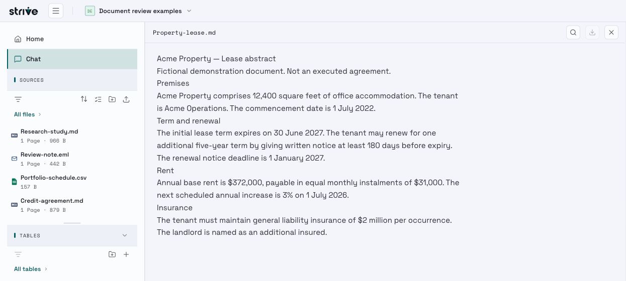 Actual Strive workspace showing mixed file types and the original property lease · term and renewal.