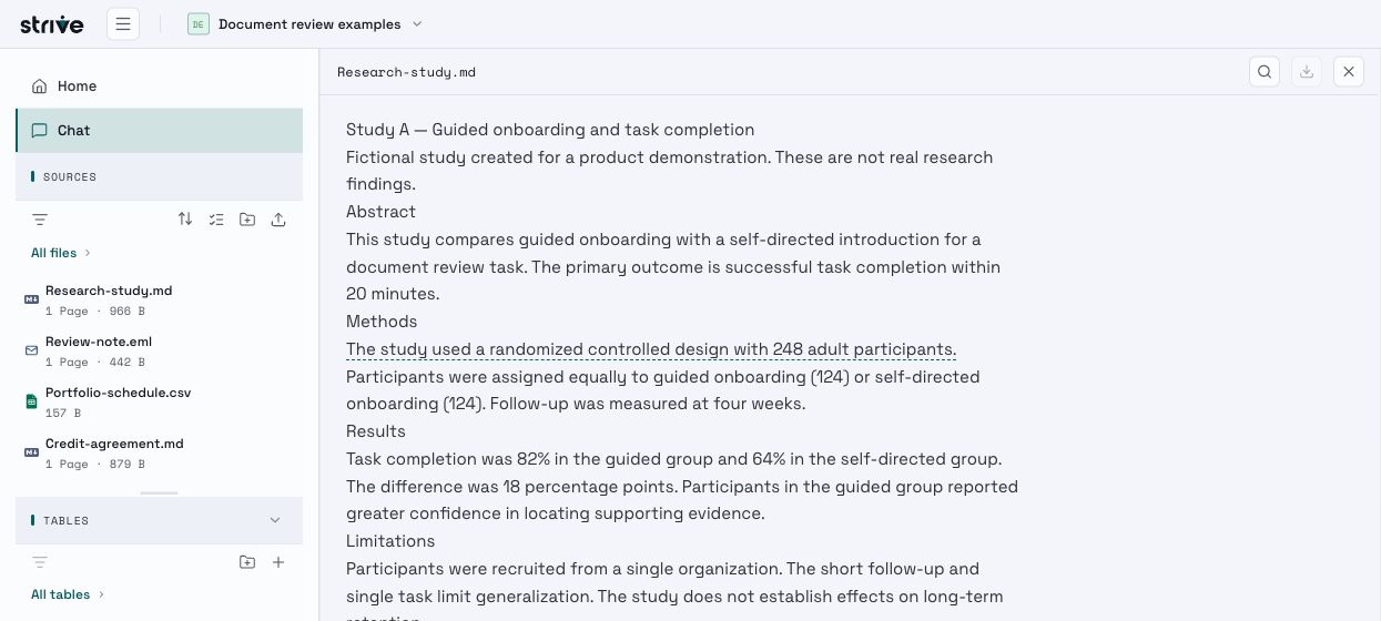 Actual Strive workspace showing mixed file types and the original research study · methods.