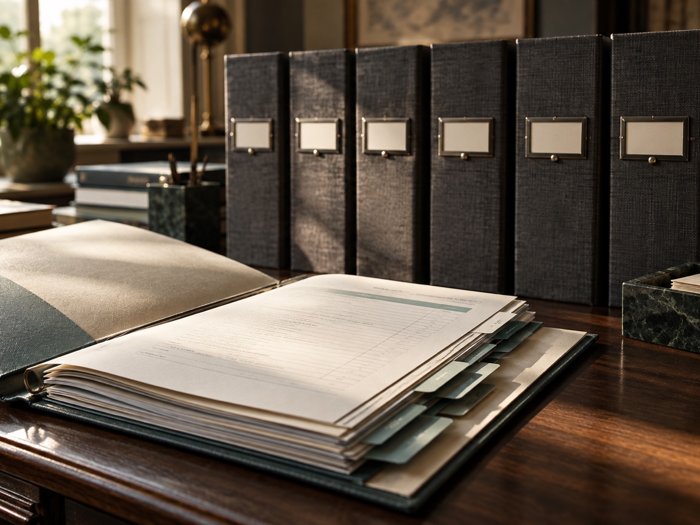 Organized audit binders and an open evidence folder with tabbed pages