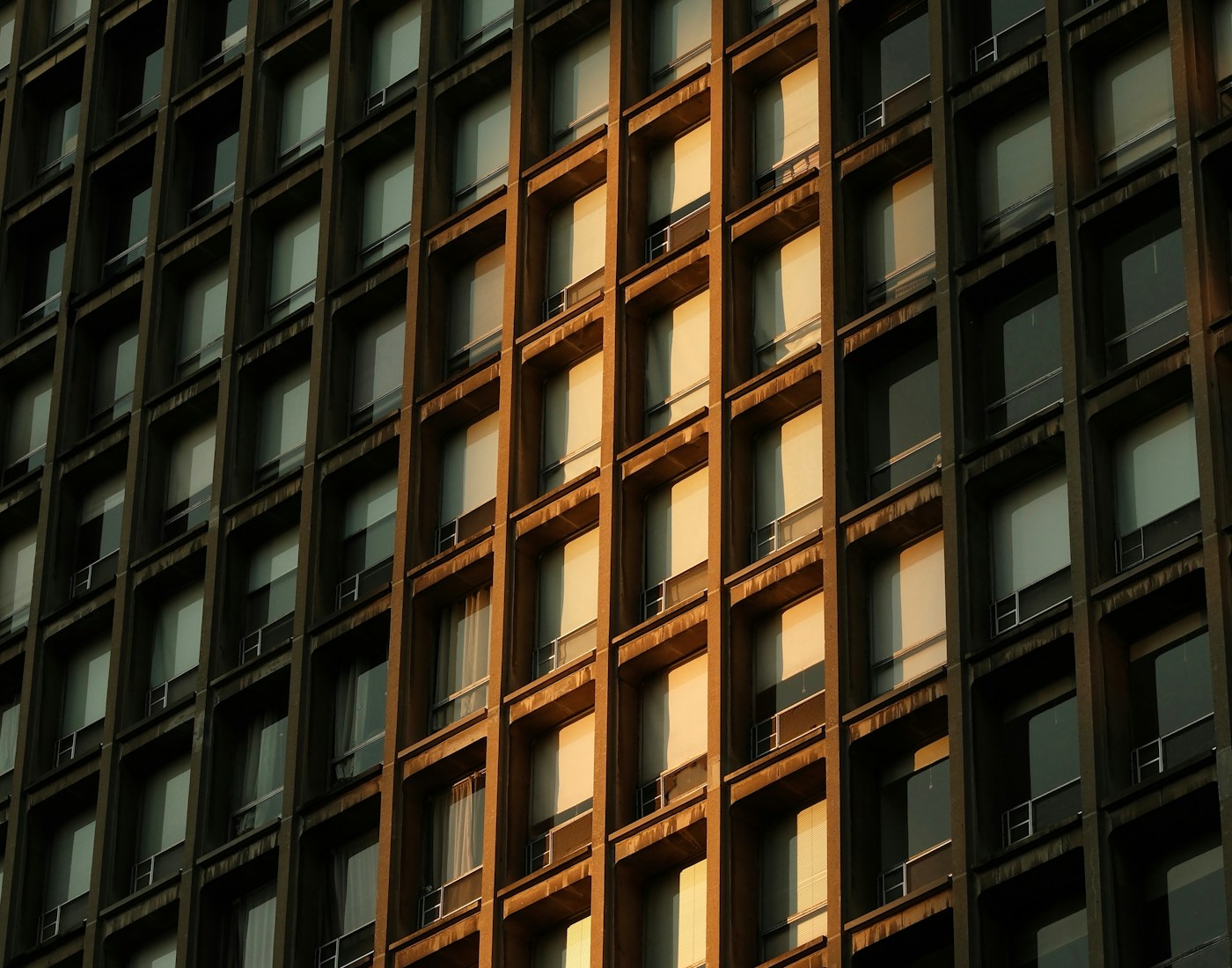 Warm sunlight crossing the windows and stone grid of a building façade